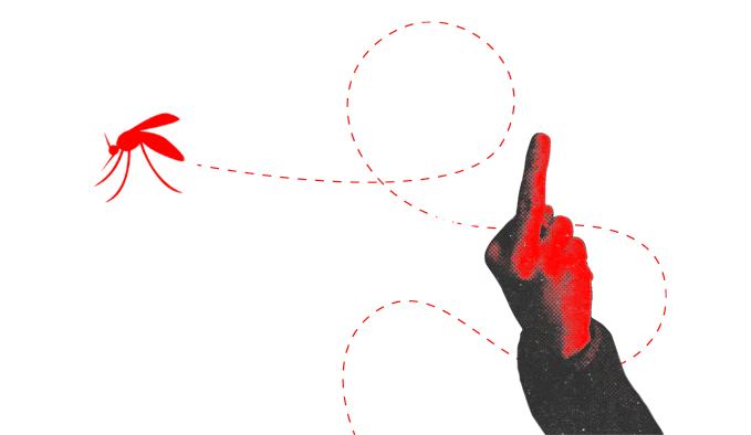 En illustration av en mygga som flyger med en hand som pekar långfinger mot myggan.